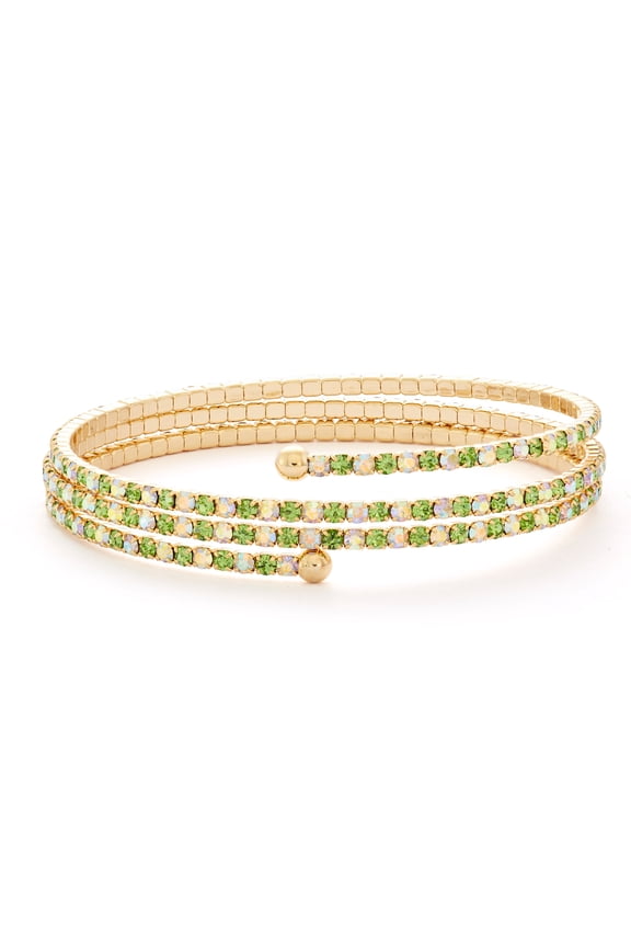 X & O 14KT Gold Plated Crystal Three Row Flex Bangle in Peridot and Crystal AB Combination
