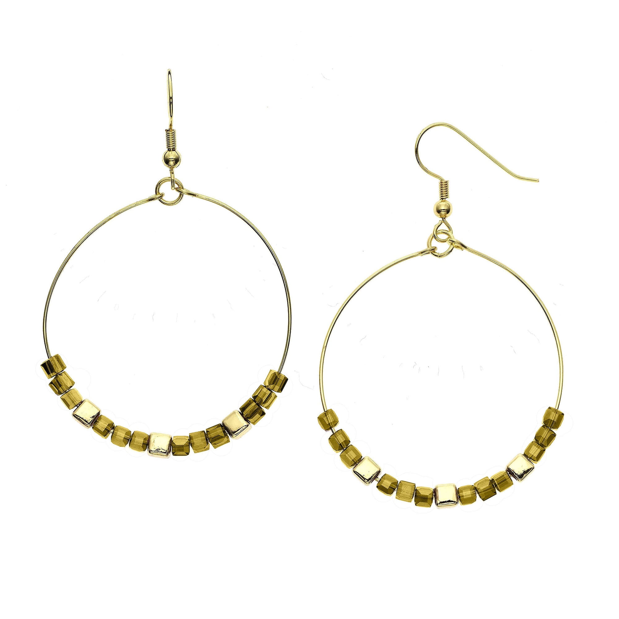 X & O 14KT Gold Plated Cube with Coco Glass Cube Beads Earrings