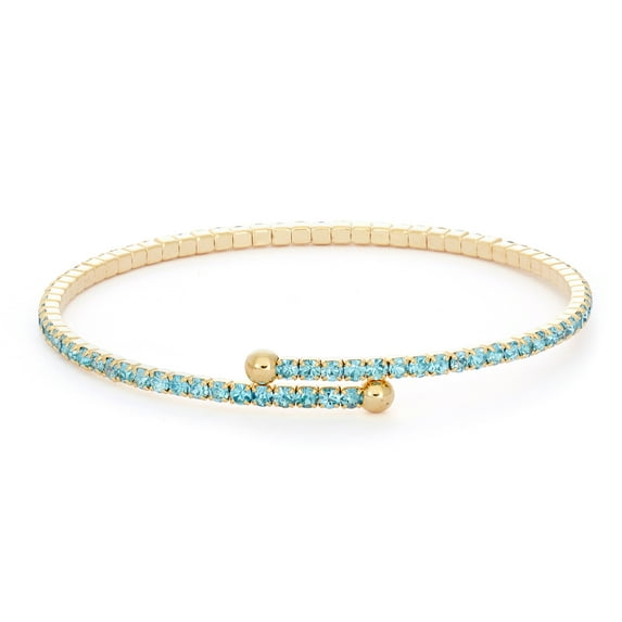 X & O 14KT Gold Plated Single Row Flex Bangle with Crystals in Aquamarine