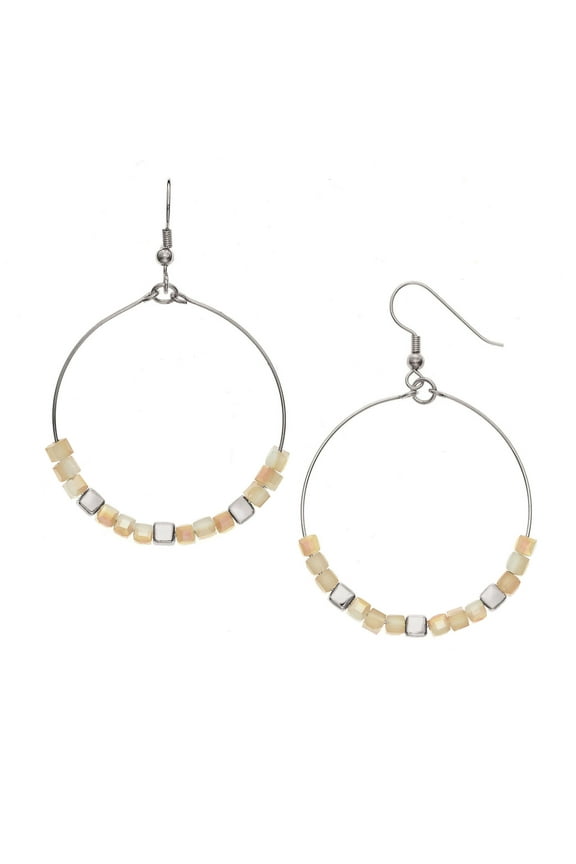 X & O 14KT Rhodium Plated Cube with Natural Glass Cube Beads Earrings