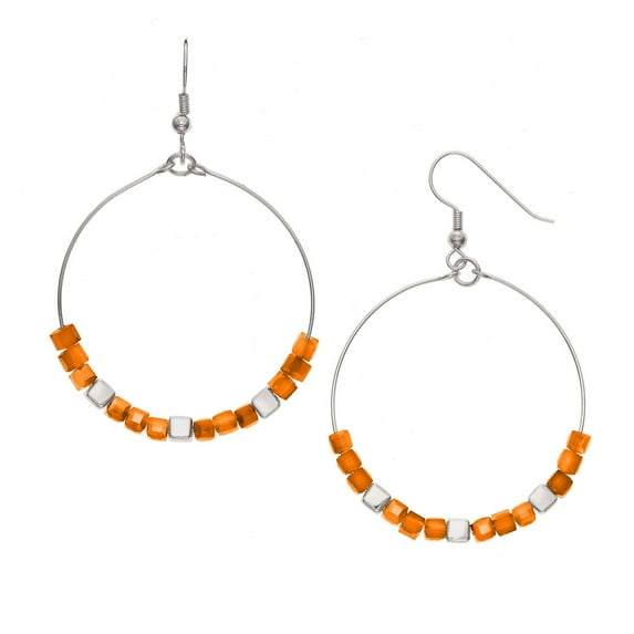 X & O 14KT Rhodium Plated Cube with Orange Glass Cube Beads Earrings