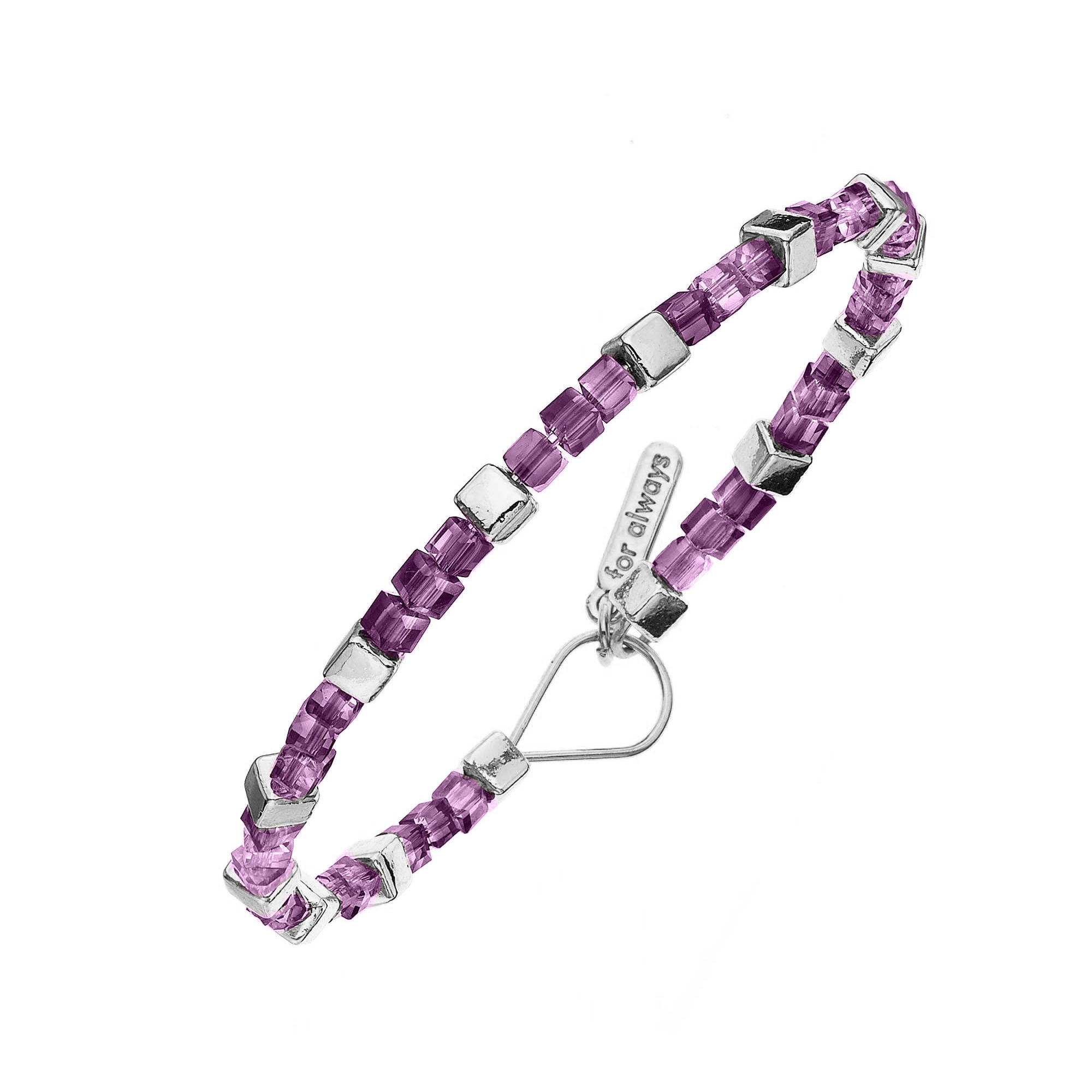 X & O 14KT Rhodium Plated Cube with Purple Glass Cube Beads Bracelet