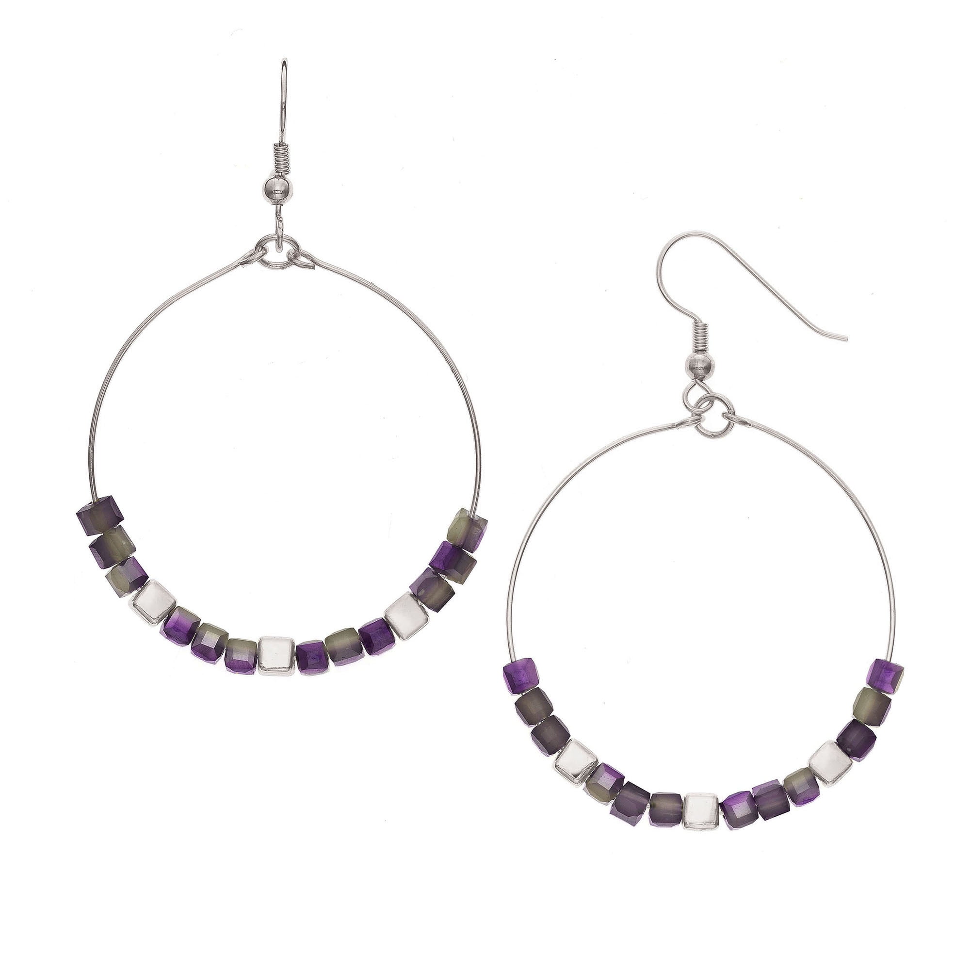 X & O 14KT Rhodium Plated Cube with Purple Glass Cube Beads Earrings