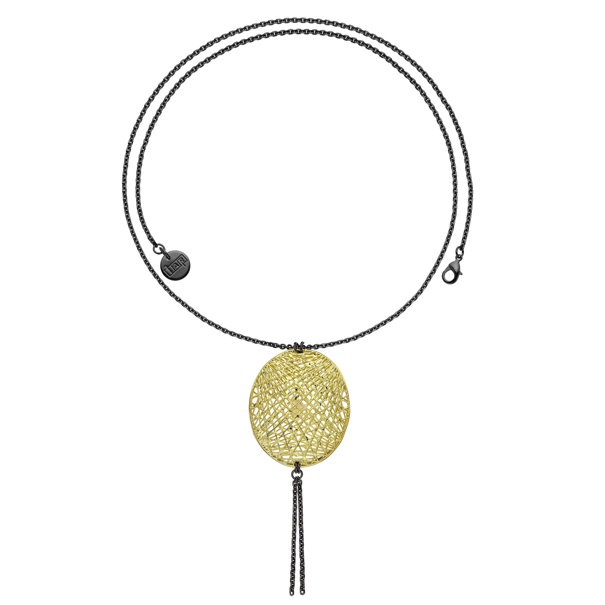 X & O 18K GEP and Ruthenium Plated Oval Mesh Disc Long Chain Hanging Necklace