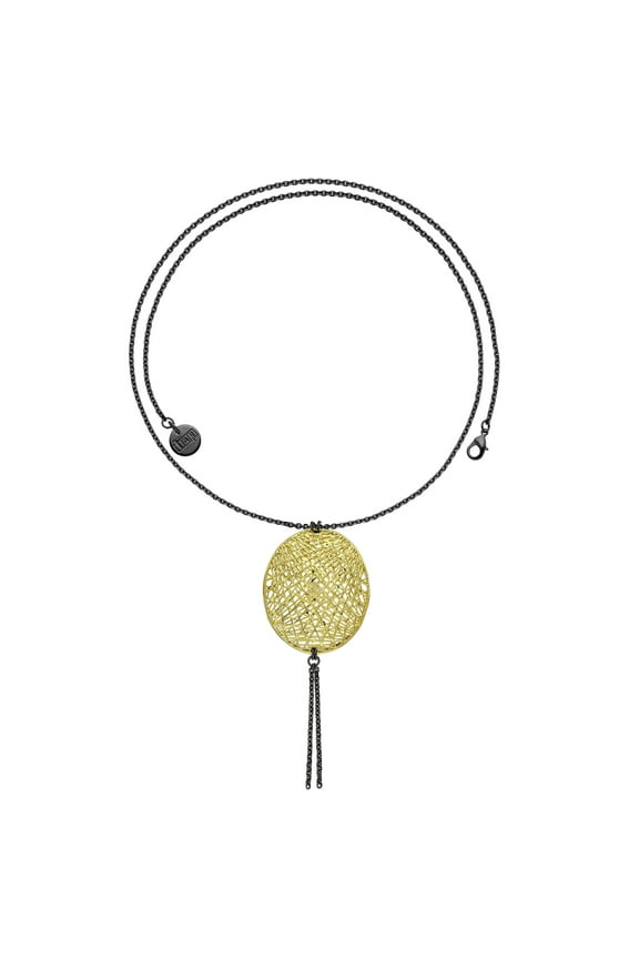 X & O 18K GEP and Ruthenium Plated Oval Mesh Disc Long Chain Hanging Necklace