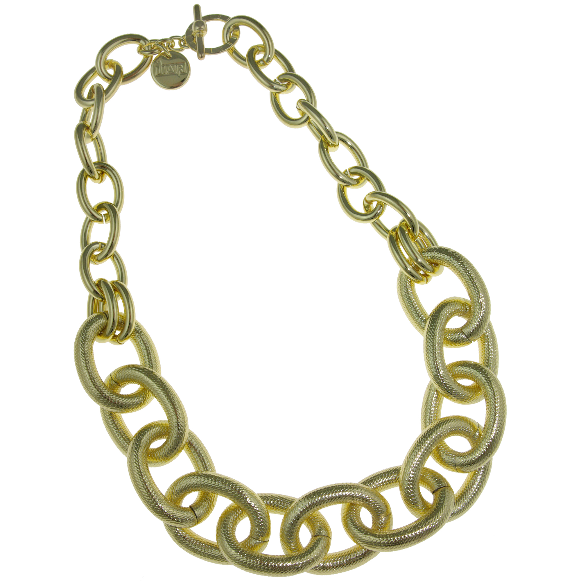 X & O 18KT GEP two link necklace with large textured oval links