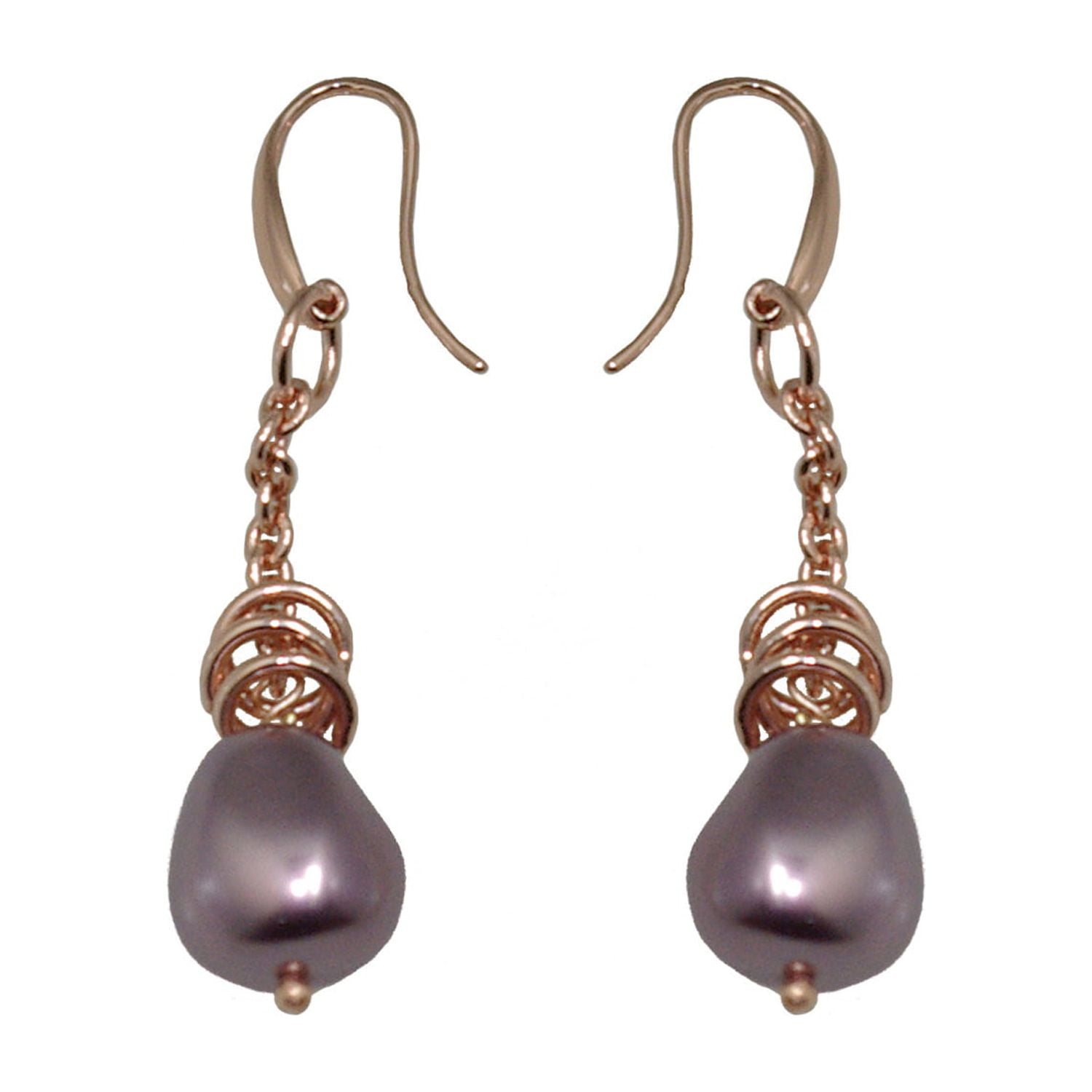 X & O 18KT Rose Gold Electroplated drop earrings with magenta shell pearls ***