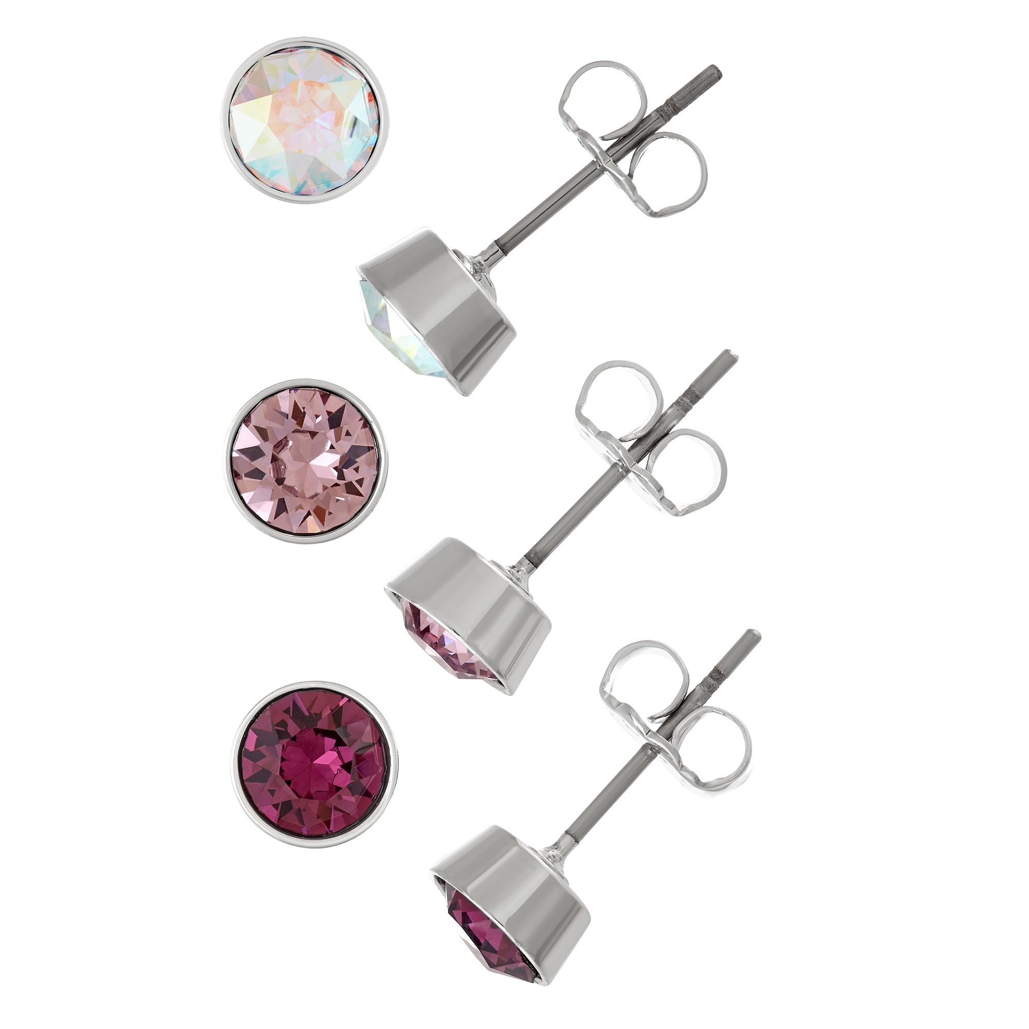 X & O 3 Pc. Set - Rhodium Plated 5 mm Bezel Set Flat Back Studs with Amethyst, Light Amethyst and AB Swarovski Crystals