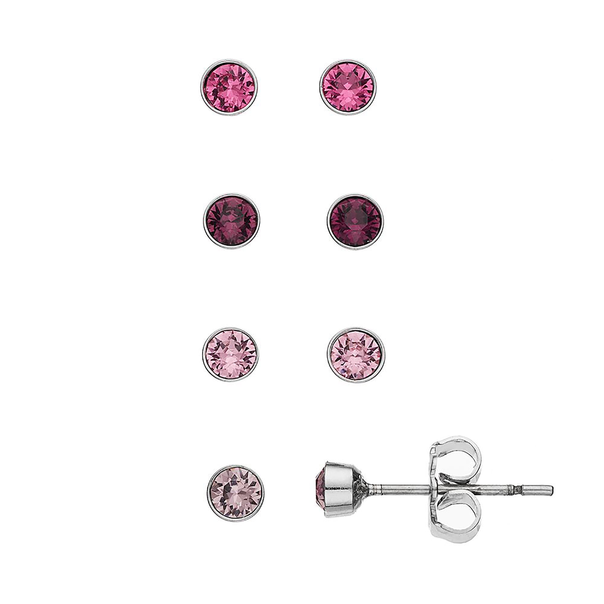 X and O 4 Pc. Set - Rhodium Plated 3 mm Bezel Set Studs with Rose, Light Rose Light Amethyst, and Amethyst Swarovski Crystals, Women's,One size.