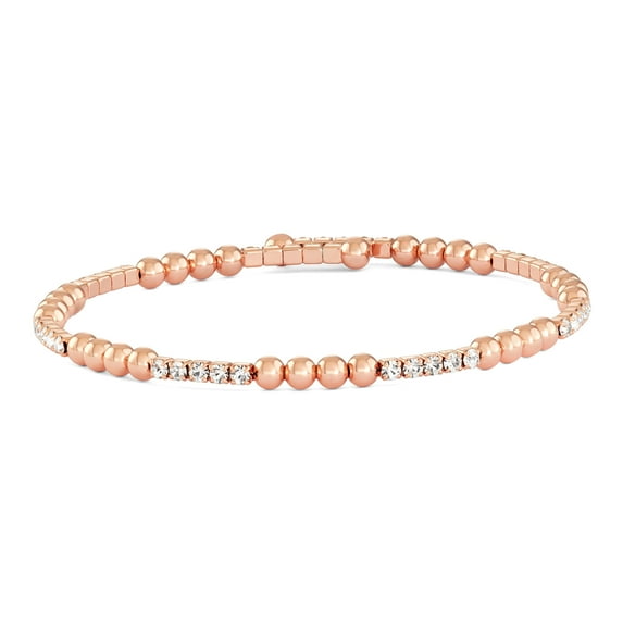 X & O Adult Female Women's 14K Rose Gold Plated Wire Bangle Bracelet with Polished Beads and White Crystals
