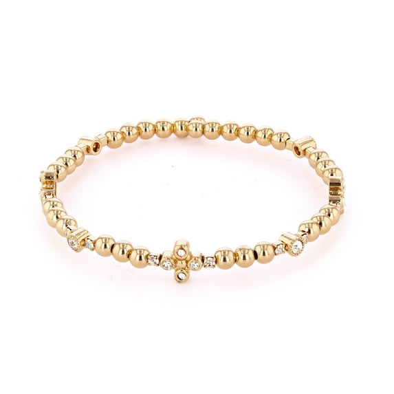 X & O Adult Female Women's 14K Yellow Gold Plated Wire Bangle Bracelet with Polished Beads and White Crystals