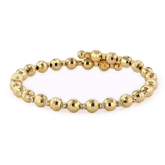 X & O Adult Female Women's 14K Yellow Gold Plated Wire Bangle Bracelet with Round, Diamond Cut Faceted Beads and White Crystals