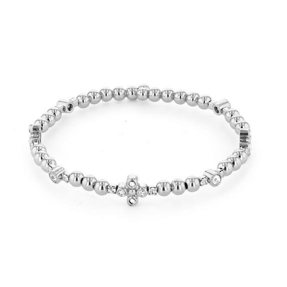 X & O Adult Female Women's Silver Plated Wire Bangle Bracelet with Polished Beads and White Crystals