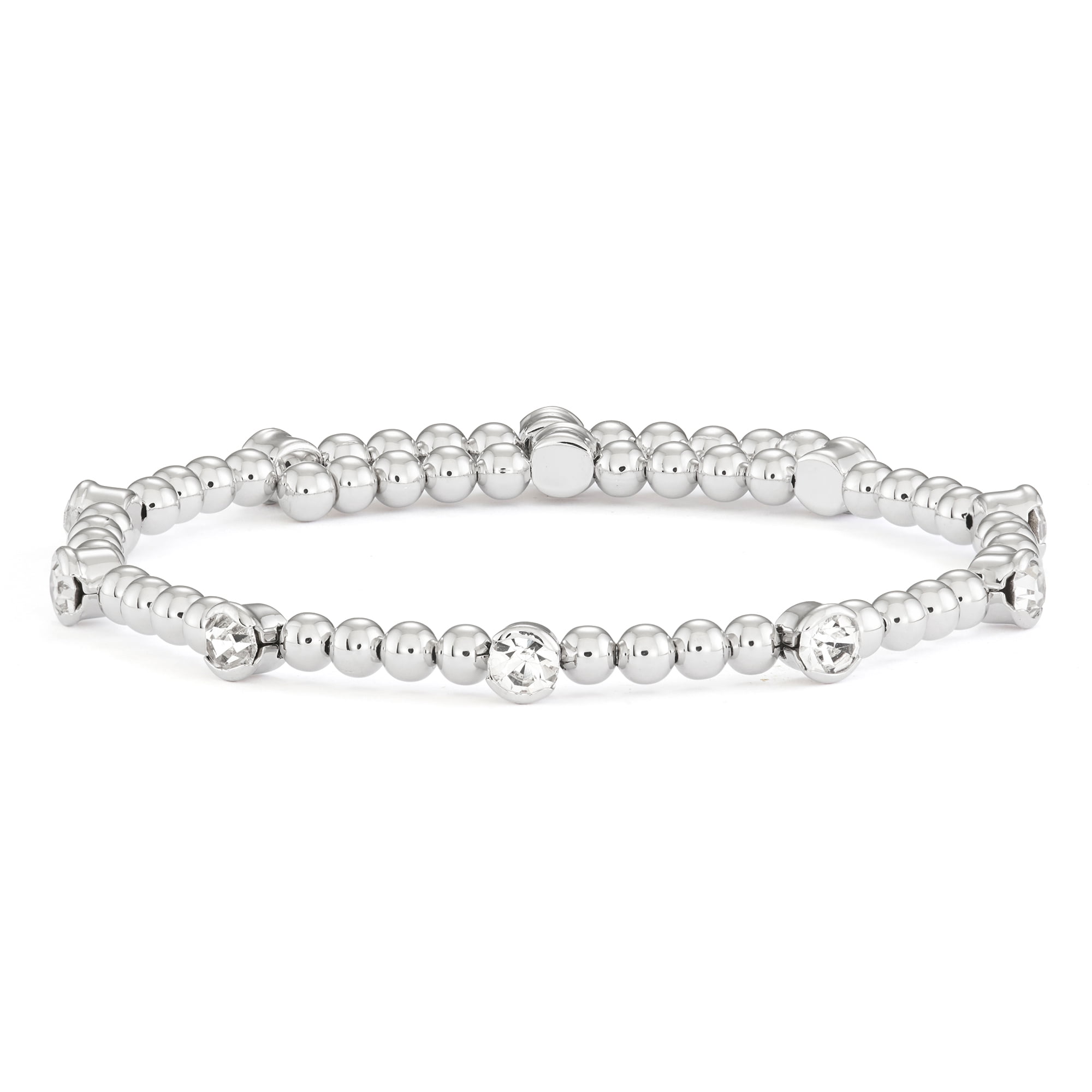X & O Adult Female Women's Silver Plated Wire Bangle Bracelet with Polished Round Beads and White Crystals