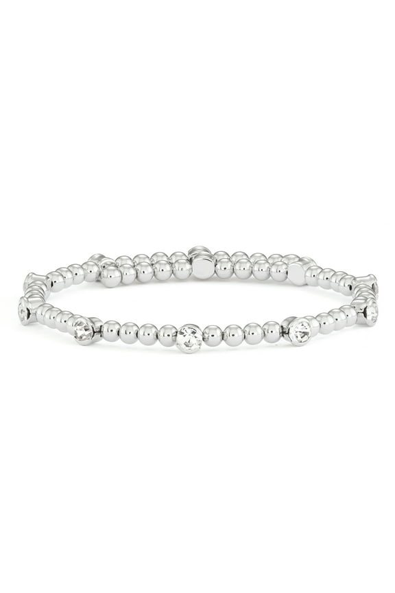 X & O Adult Female Women's Silver Plated Wire Bangle Bracelet with Polished Round Beads and White Crystals