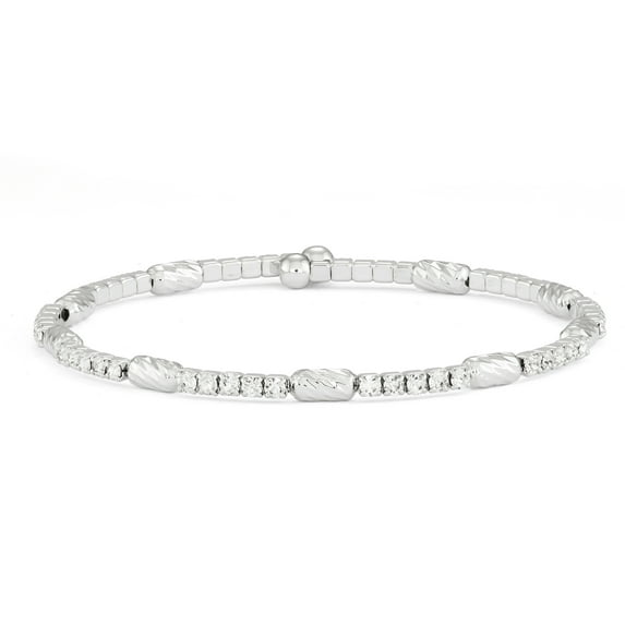 X & O Adult Female Women's Silver Plated Wire Bangle Bracelet with Spiraled Beads and White Crystals
