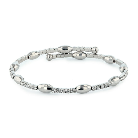 X & O Adult Female Women's Silver Plated Wire Bangle with Faceted Oval Beads and White Crystals