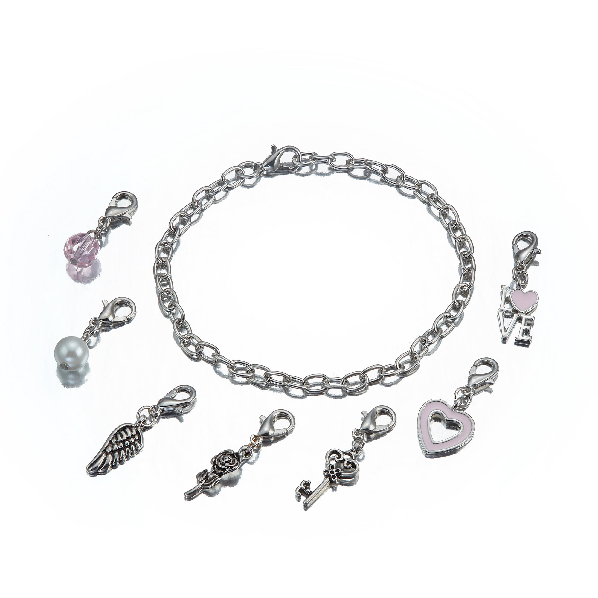 X & O Everyday 7 Charm Bracelet. Imitation Rhodium Bracelet.