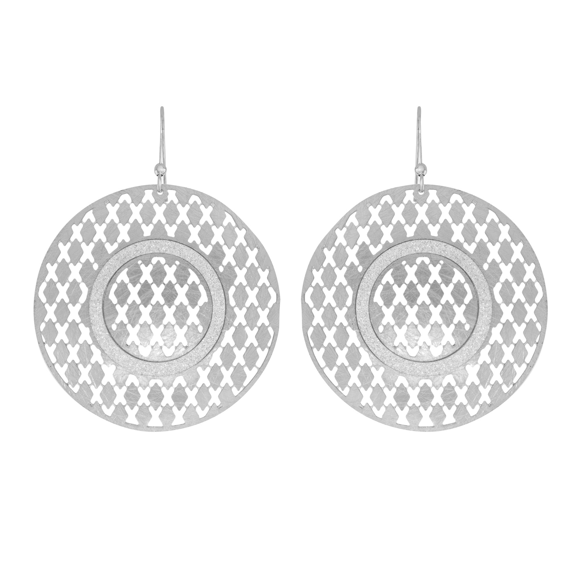 X & O Fine Silver Plated Round Shield with Filigree Diamond and Crystal Earring