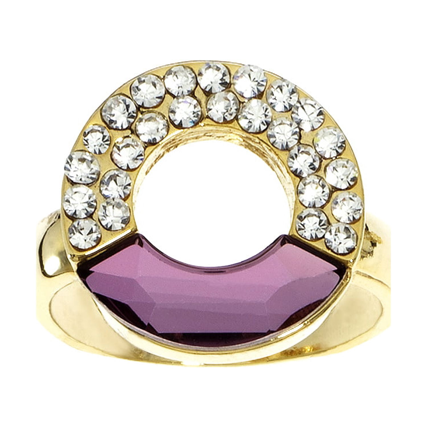 X & O Gold Plated Cirlce Ring studded with white crystal and Moon cut Antique Pink Swarovski Stone ***
