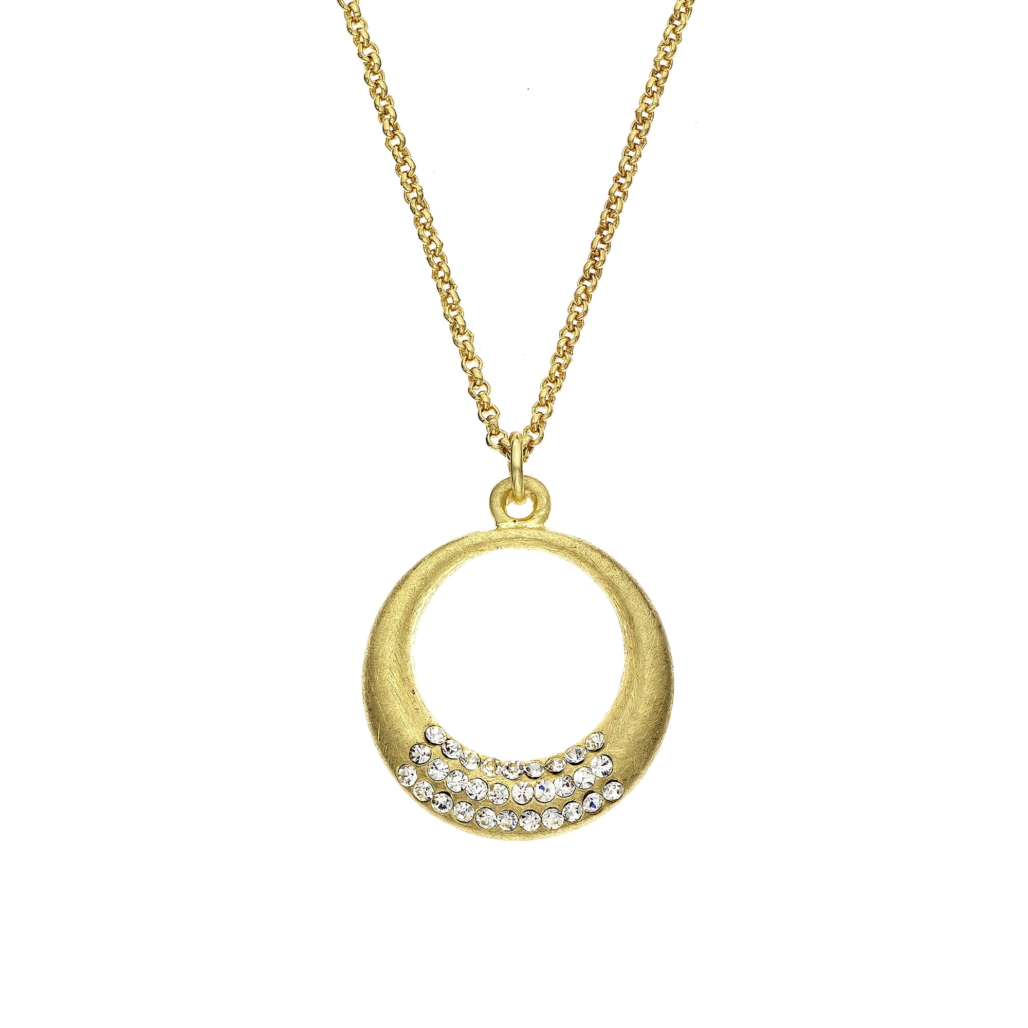 X & O Gold Tone 3 Roll Crystal Crescent Pendant Necklace
