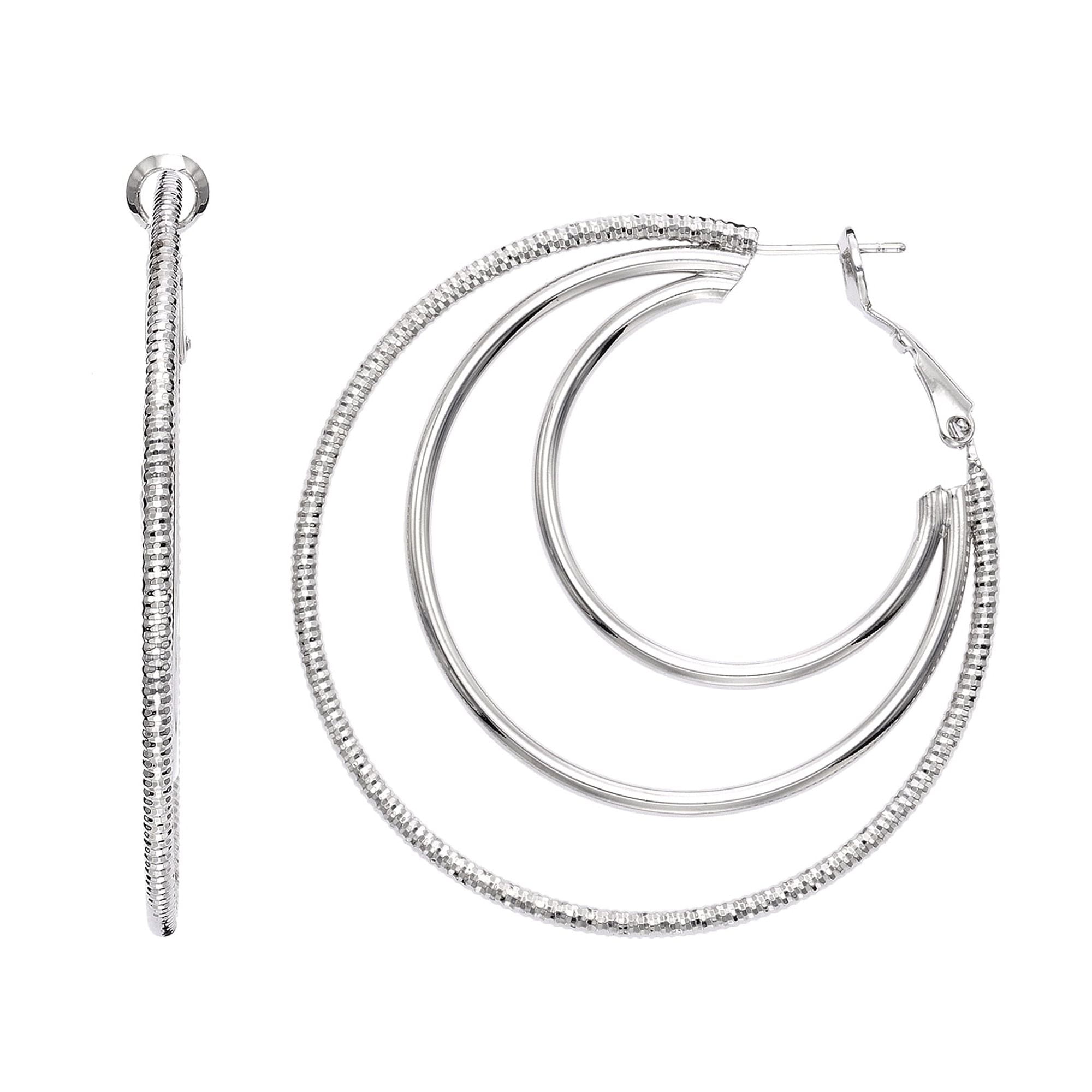 X & O Rhodium Plated 3 Row Earring Polished and Textured 2mm X 50mm