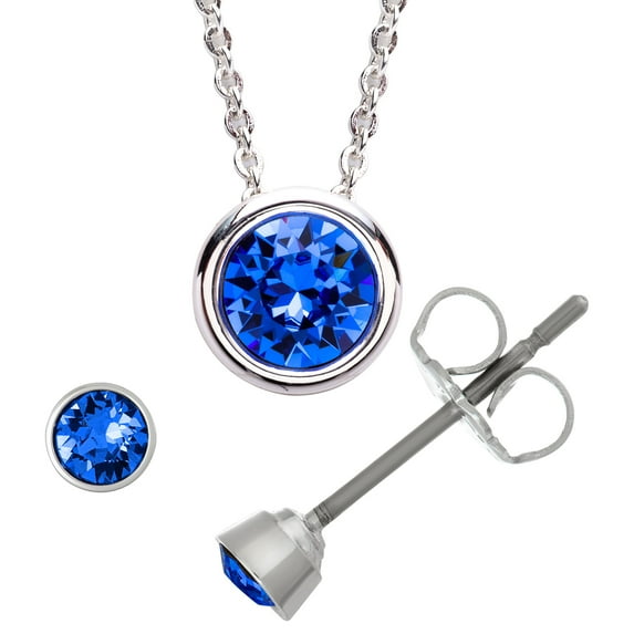 X & O - Rhodium Plated Bezel Pendant and Earring Set In Sapphire Swarovski Crystal