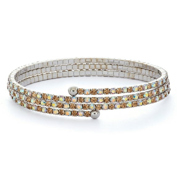 X & O Rhodium Plated Crystal Three Row Flex Bangle in Light Colorado Topaz and Crystal AB Combination