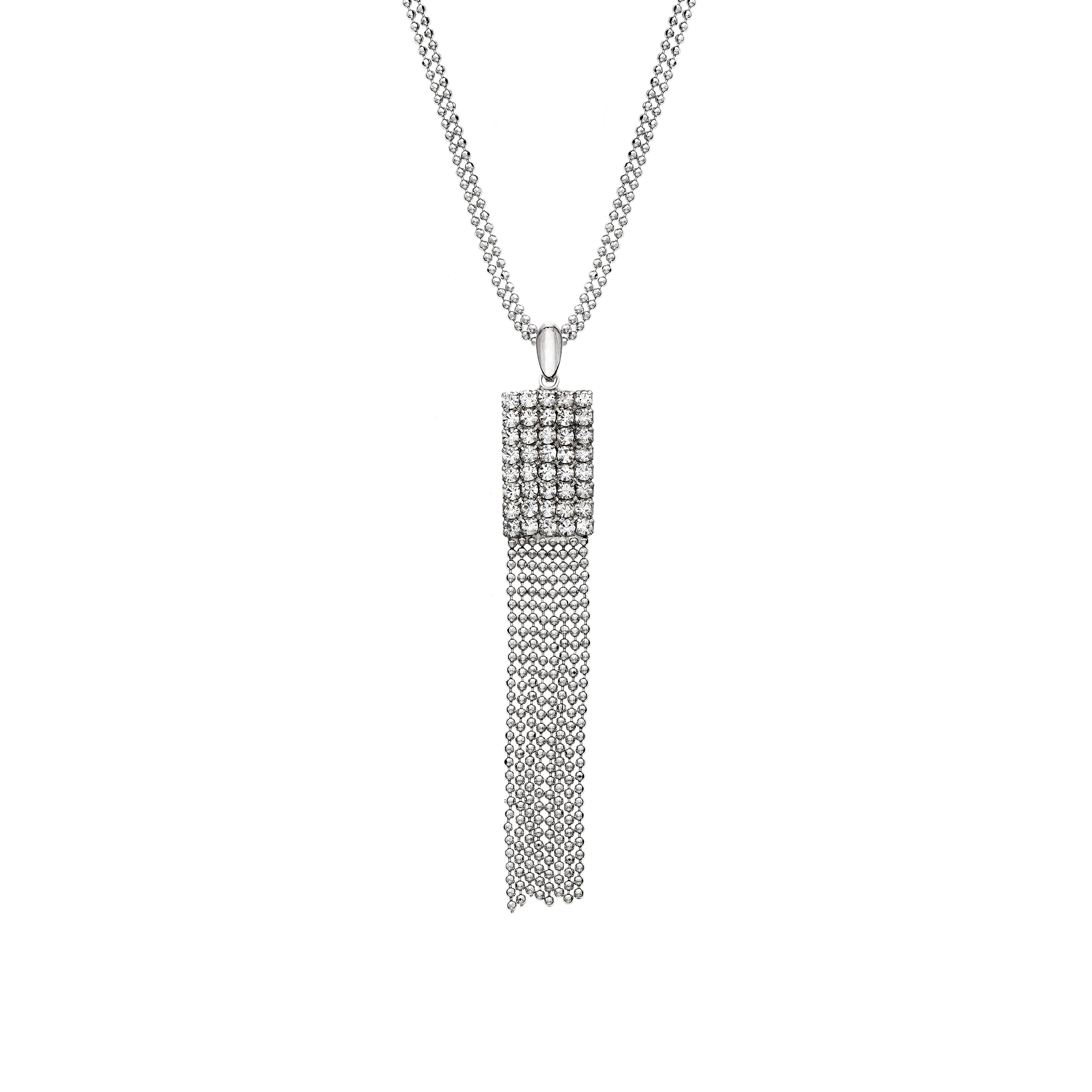 X & O Rhodium Plated Double Chain Crystal Rectangle With Draping Chain Pendant Necklace