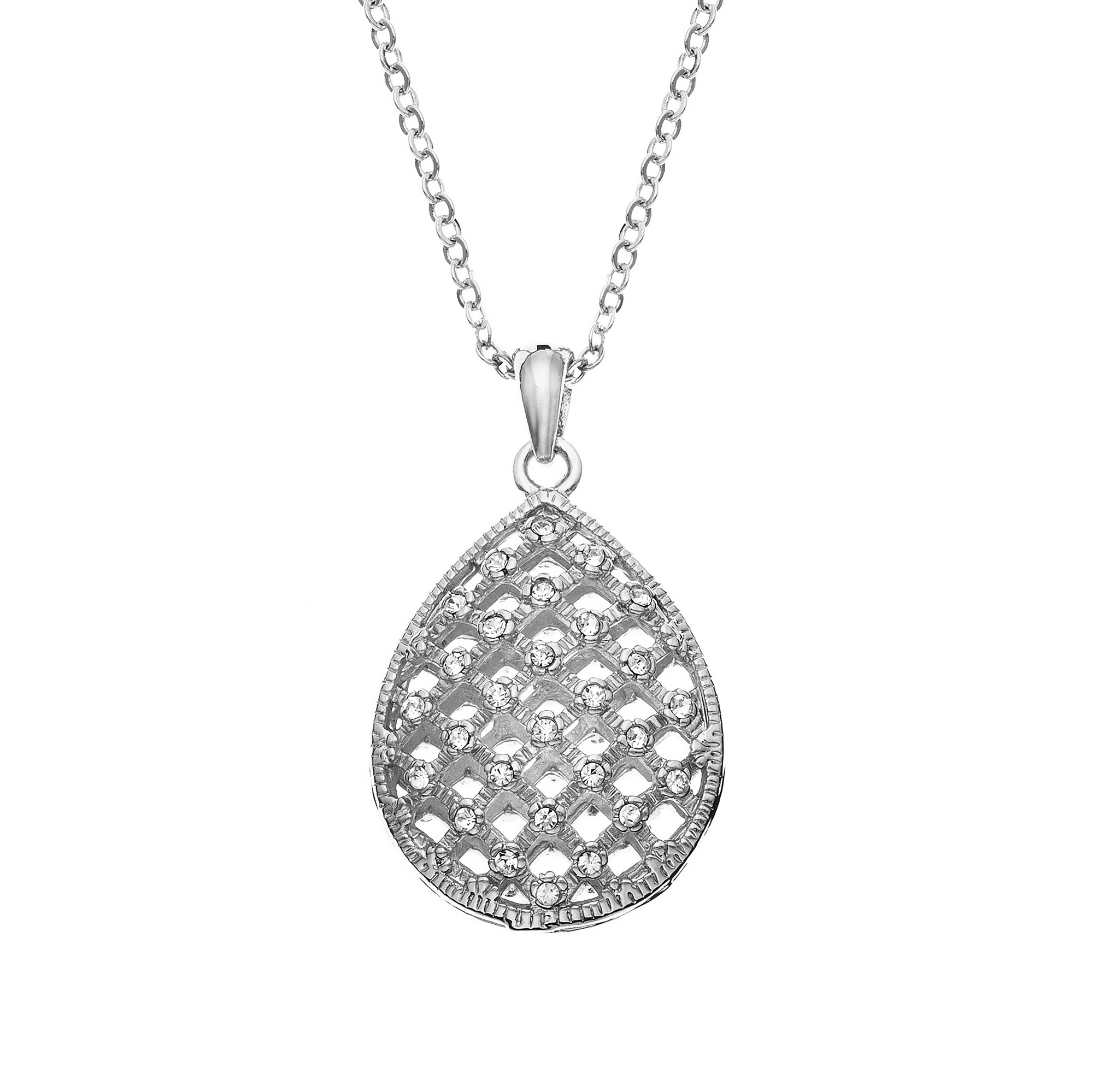 X & O Rhodium Plated Filigree Crystal Tear-Drop Pendant Necklace