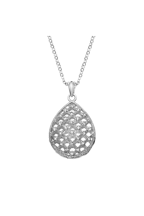 X & O Rhodium Plated Filigree Crystal Tear-Drop Pendant Necklace
