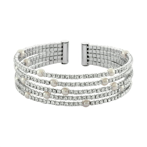 X & O Rhodium Plated Five Row Simulated White Pearl and Crystal Gap Bangle