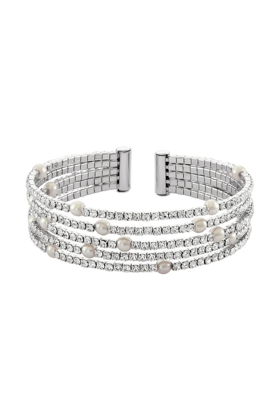 X & O Rhodium Plated Five Row Simulated White Pearl and Crystal Gap Bangle