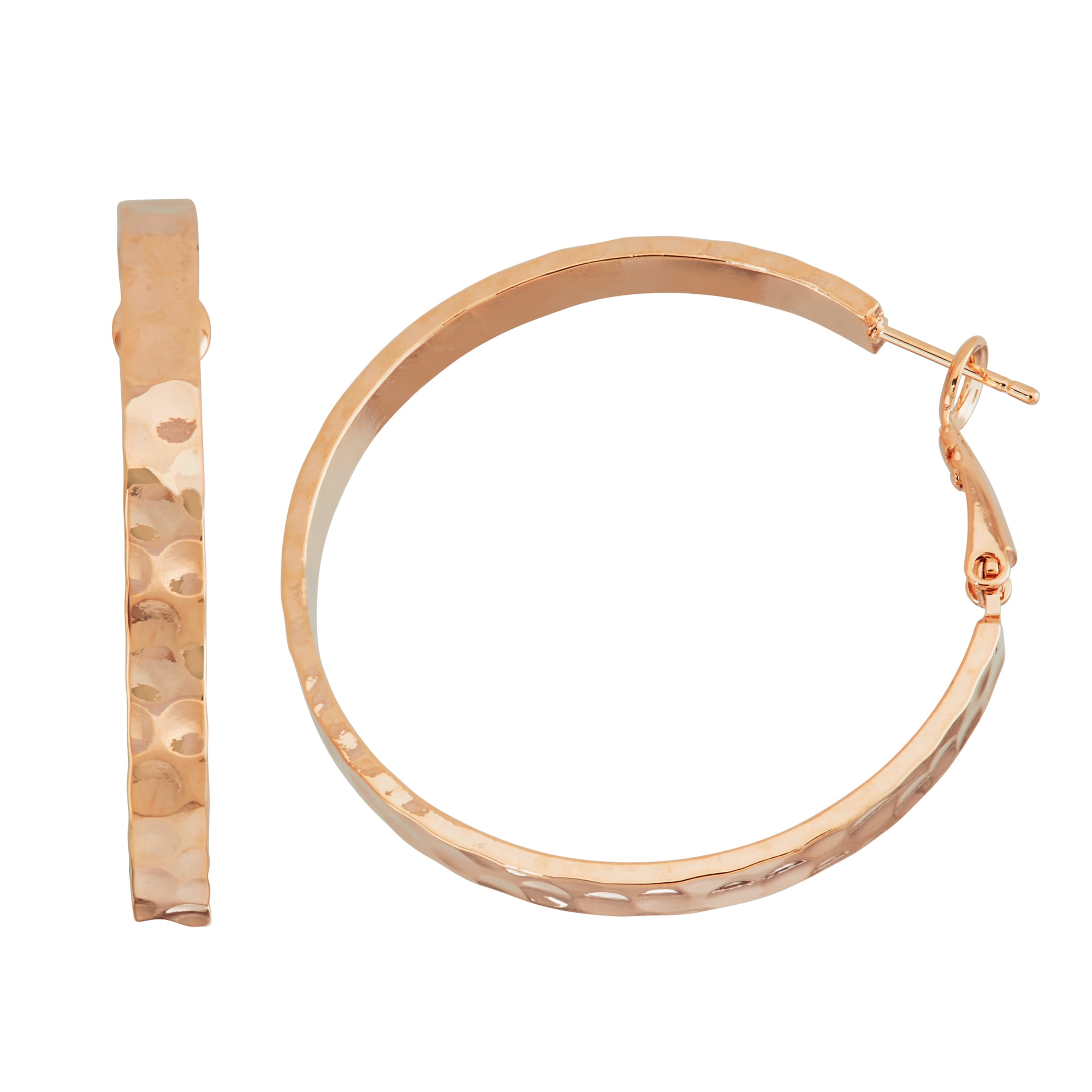 X & O Rose Gold Plated Polished 40mm x 4mm Machine Cutting Hammered 5mm Rectangular Hoop Earrings