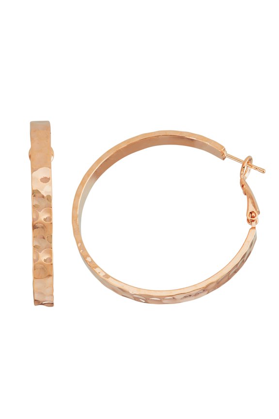 X & O Rose Gold Plated Polished 40mm x 4mm Machine Cutting Hammered 5mm Rectangular Hoop Earrings