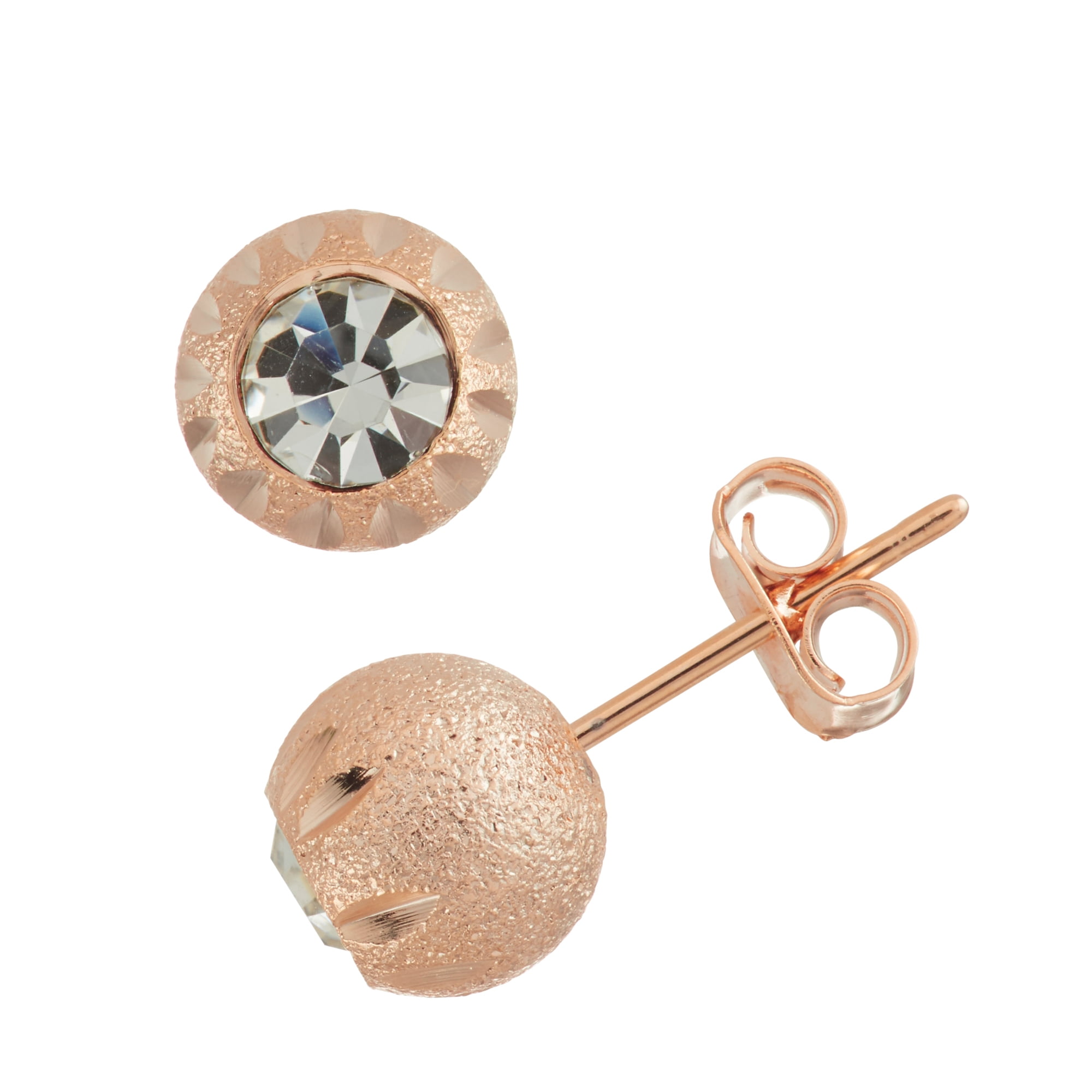 X & O Rose Gold Plated Sand Blasted 8mm Hand Cutting Dash Pattern DC White Crystal Ball Stud Earrings