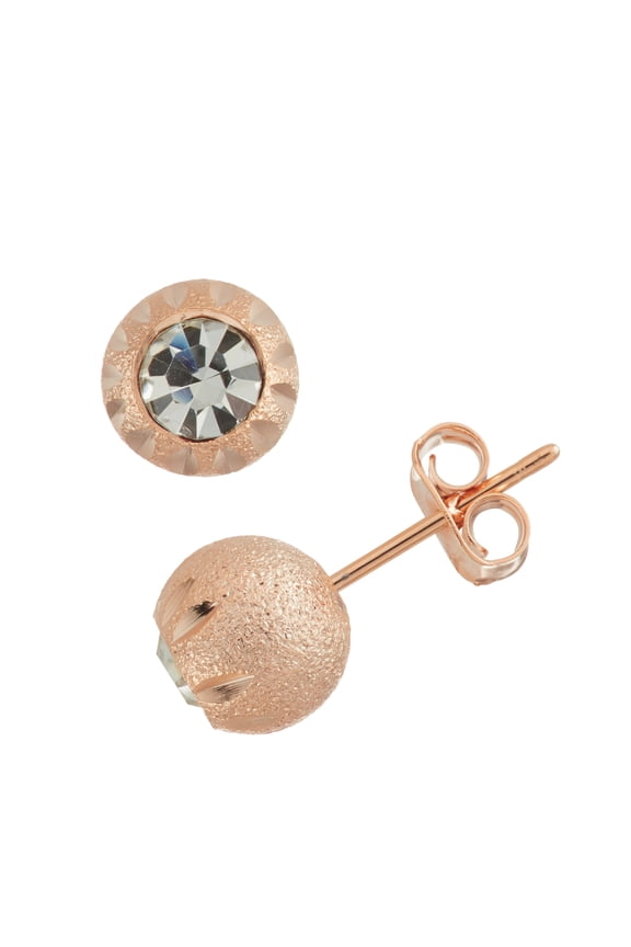 X & O Rose Gold Plated Sand Blasted 8mm Hand Cutting Dash Pattern DC White Crystal Ball Stud Earrings