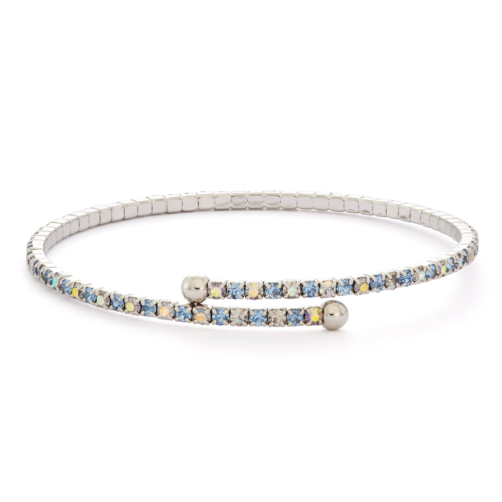 X & O Silver Plated Crystal Single Row Flex Bangle in Light Sapphire and Crystal AB Combination