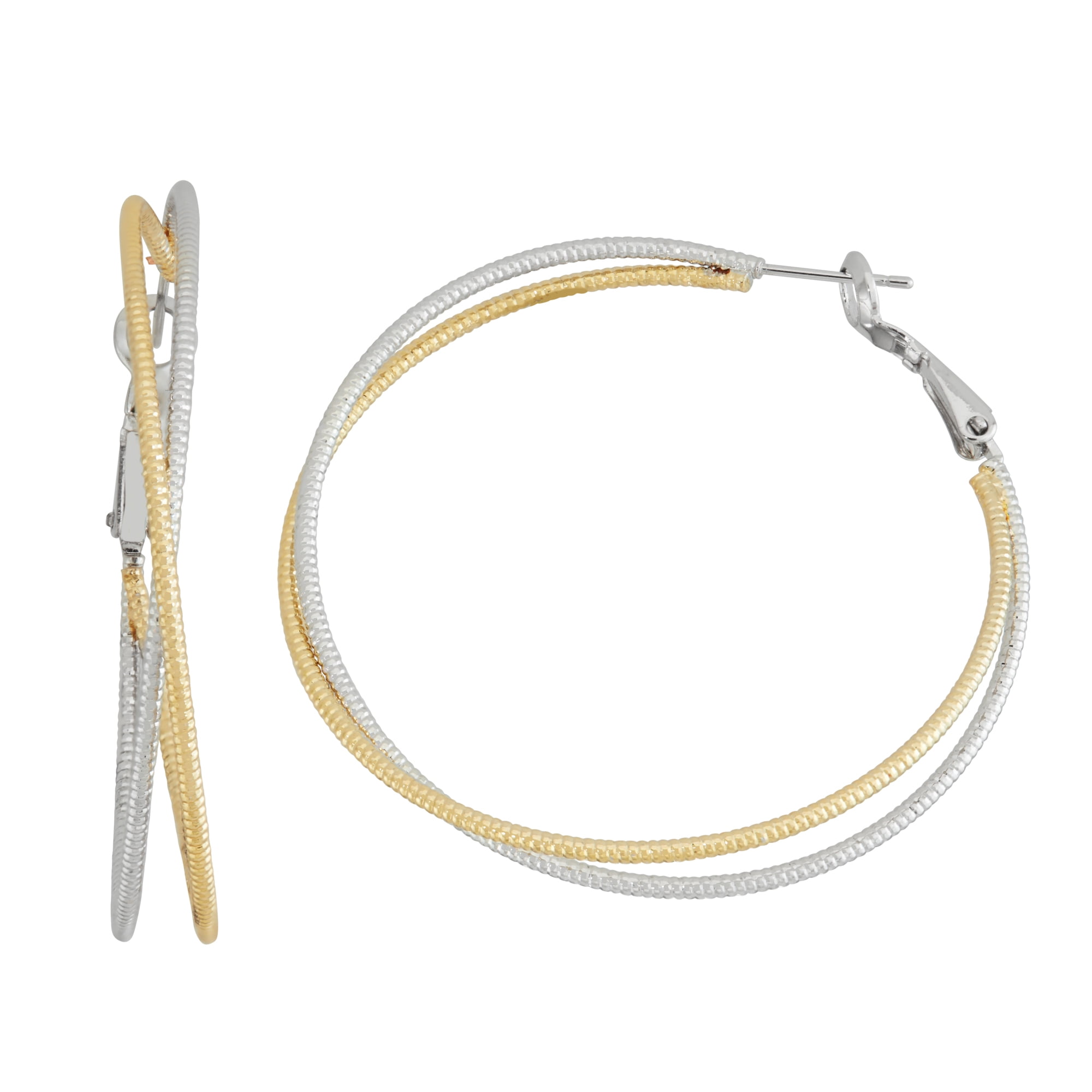 X & O Two-Tone Diamond Cut 1.5mm X 50mm Hoop Earrings