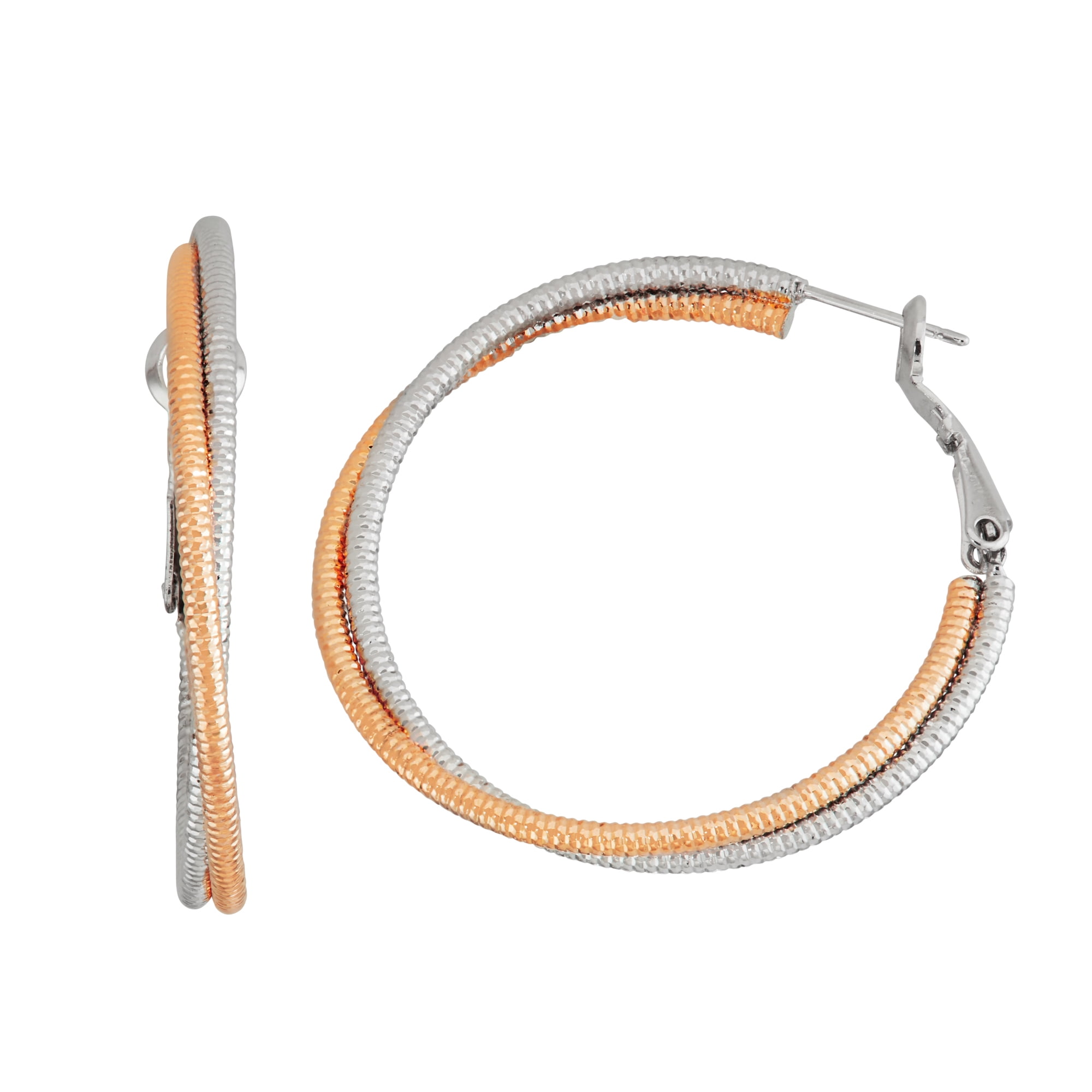 X & O Two-Tone in Rose Gold and Rhodium Plated Diamond Cut 2mm X 40mm Hoop Earrings