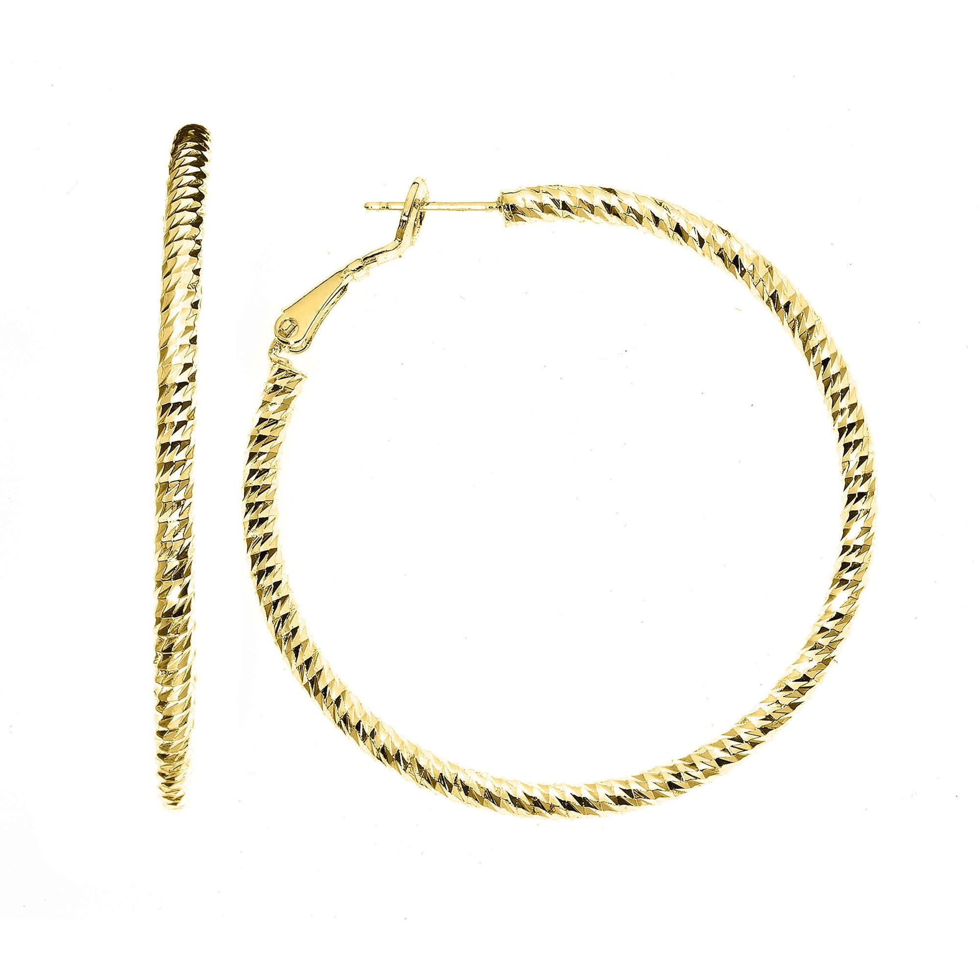 X & O Women's 14K Yellow Gold Plated 50mm Polished and Diamond Cut Hoop Earrings