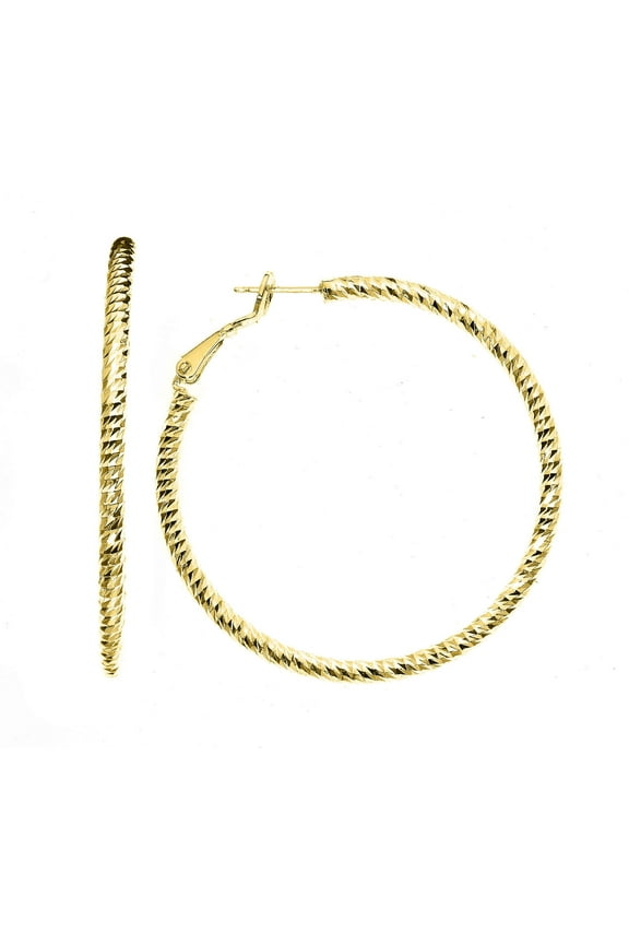 X & O Women's 14K Yellow Gold Plated 50mm Polished and Diamond Cut Hoop Earrings