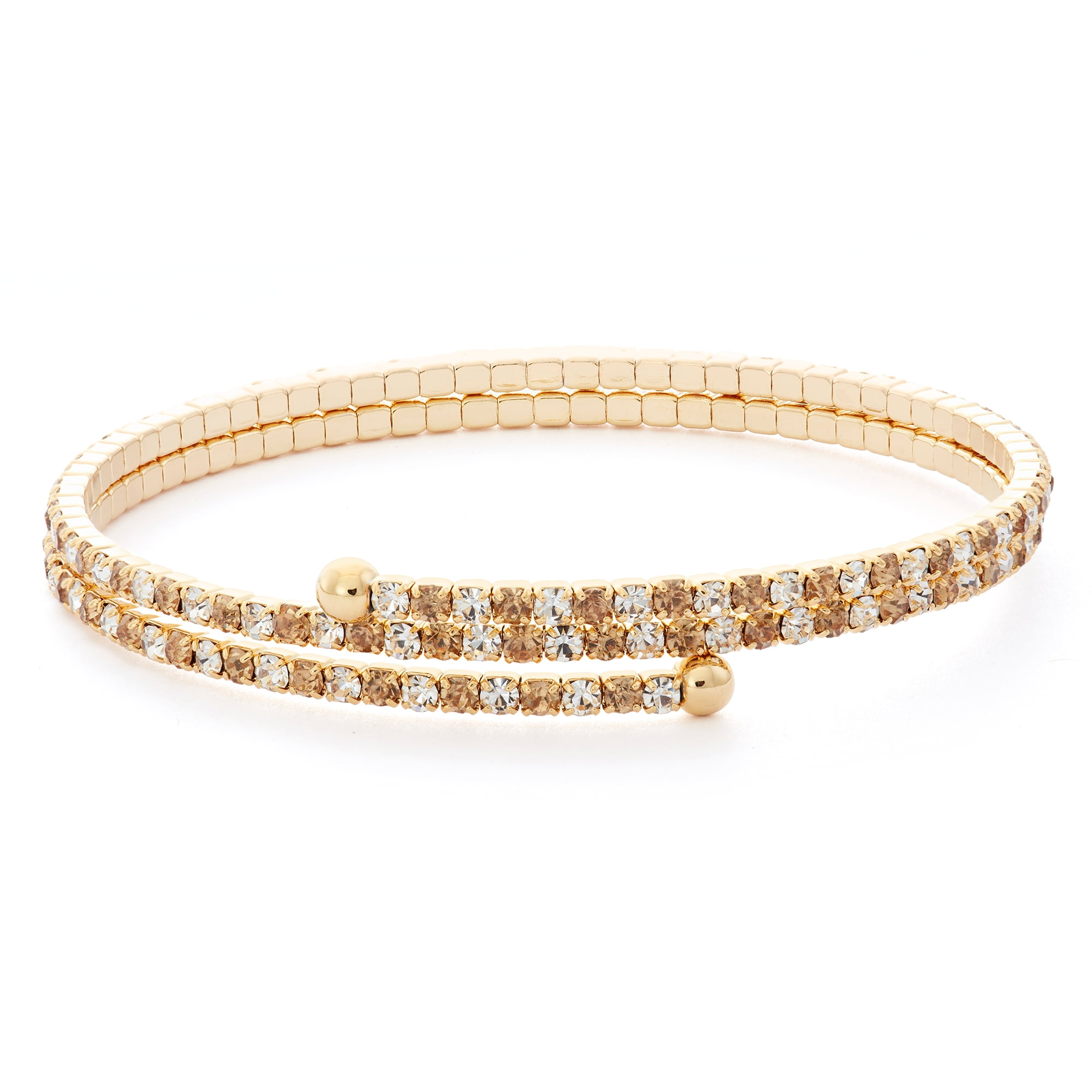 X & O Women's Double Row 14K Yellow Gold Plated Flex Bangle with Light Colorado Topaz and White Crystals