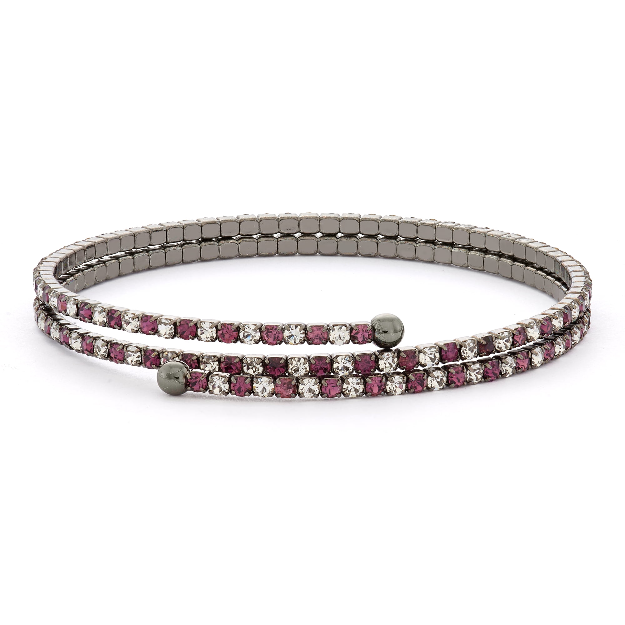 X & O Women's Double Row Black Rhodium Plated Flex Bangle with Amethyst and White Crystals