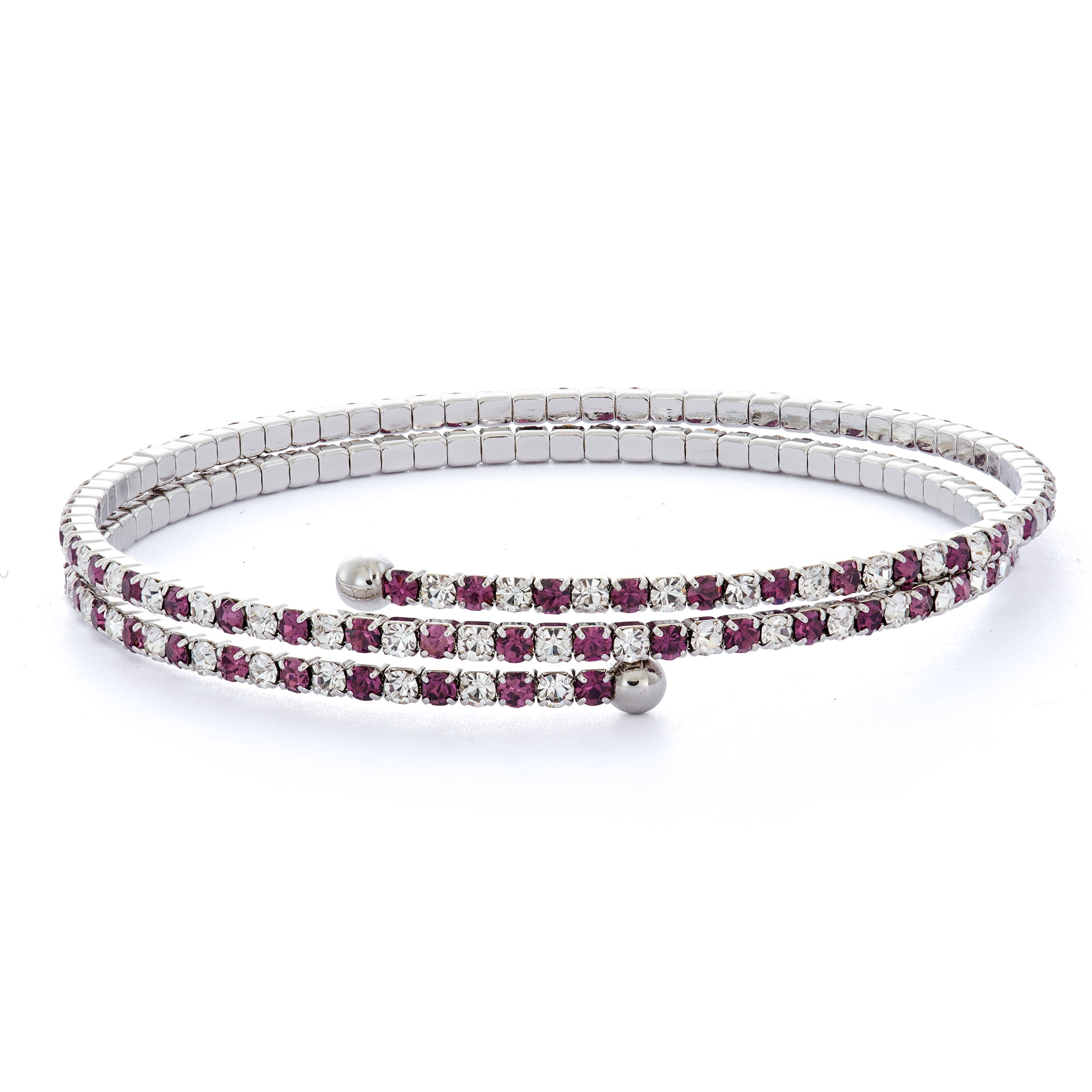 X & O Women's Double Row Silver Plated Flex Bangle with Amethyst and White Crystals