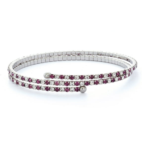 X & O Women's Double Row Silver Plated Flex Bangle with Amethyst and White Crystals