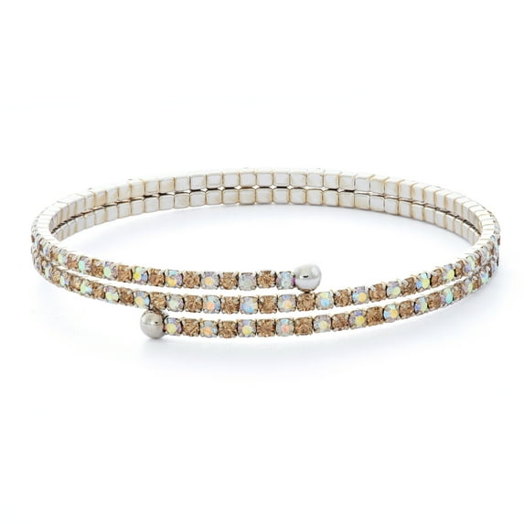 X & O Women's Double Row Silver Plated Flex Bangle with Light Colorado Topaz and Aurora Crystals