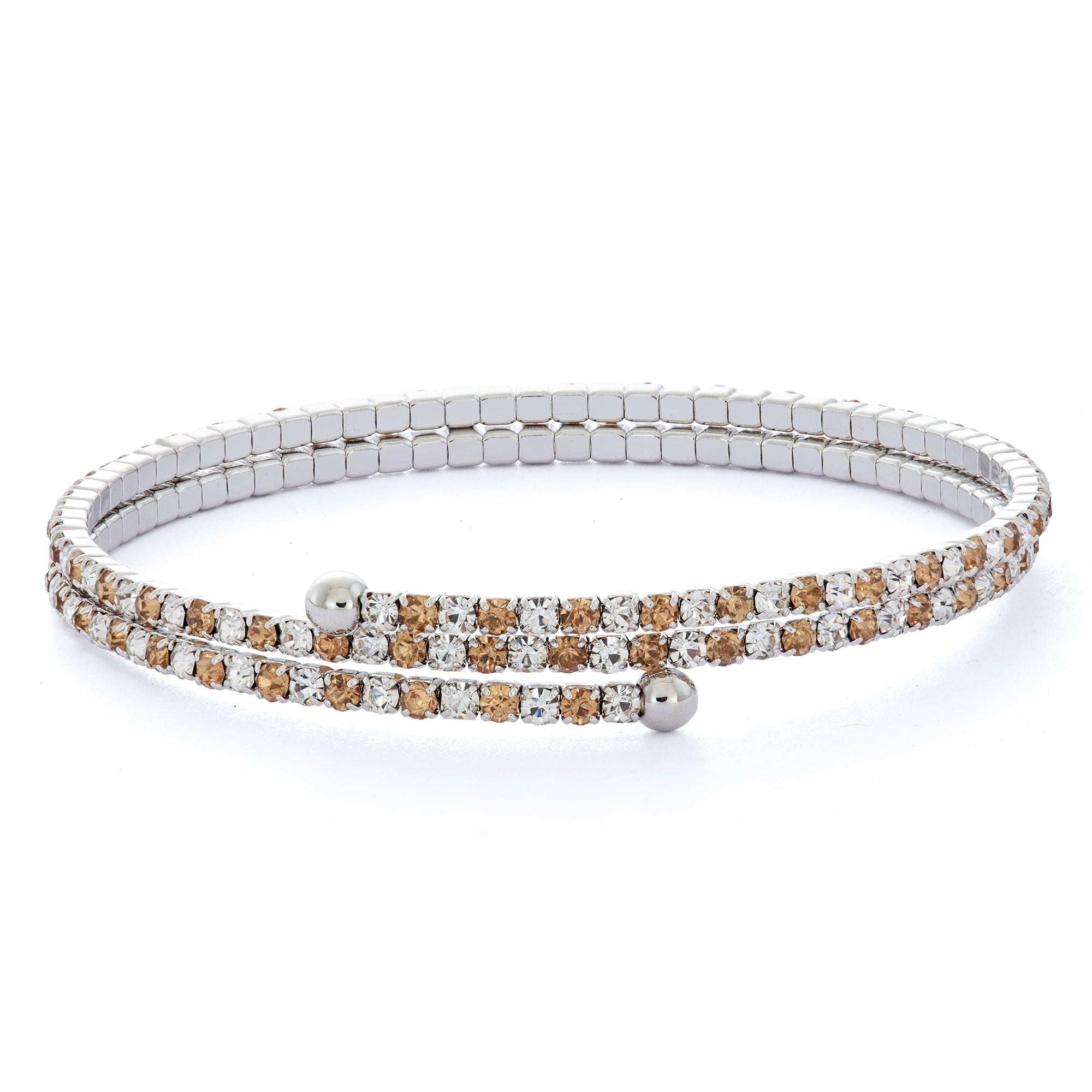 X & O Women's Double Row Silver Plated Flex Bangle with Light Colorado Topaz and White Crystals