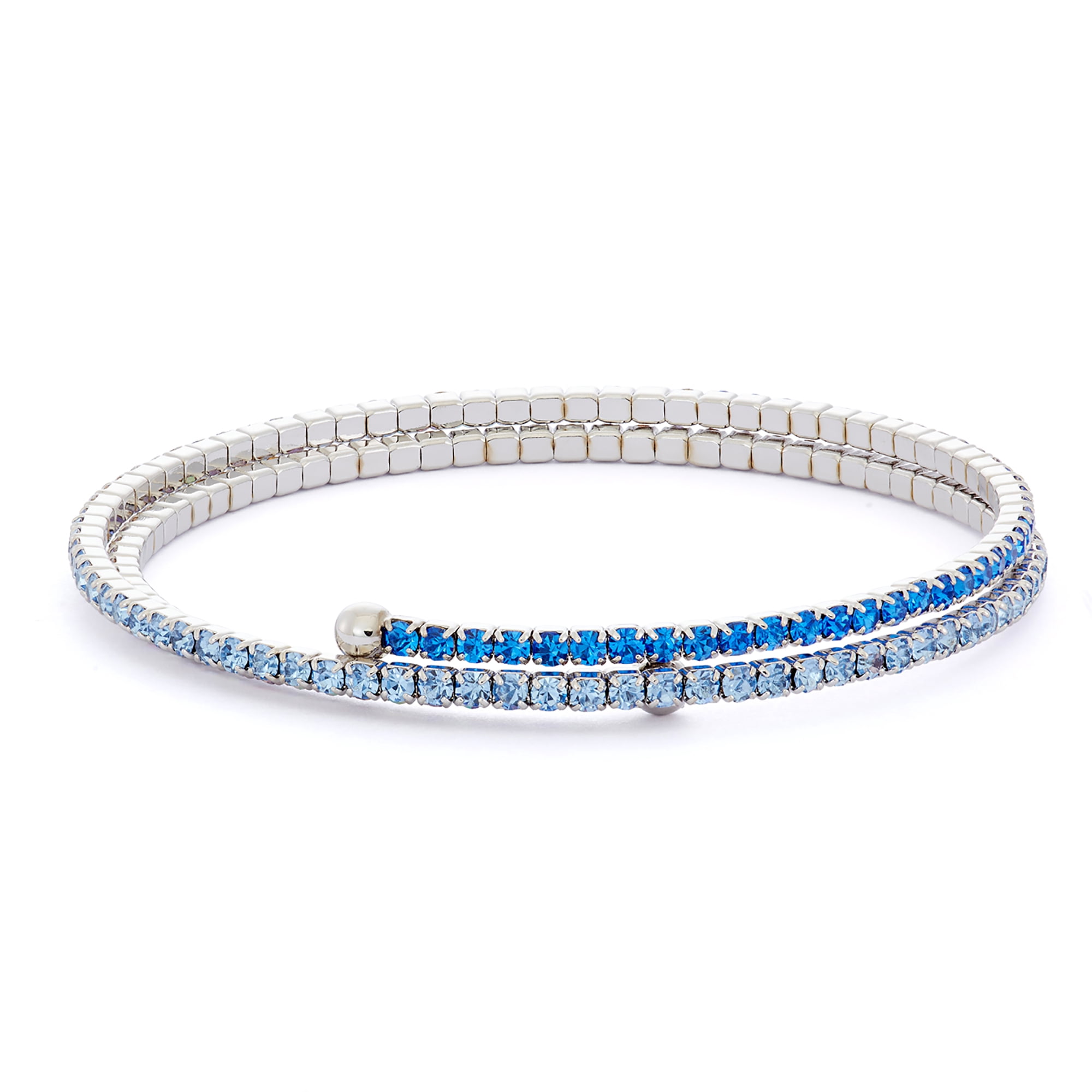 X & O Women's Double Row Silver Plated Flex Bangle with Sapphire and Aurora Crystals