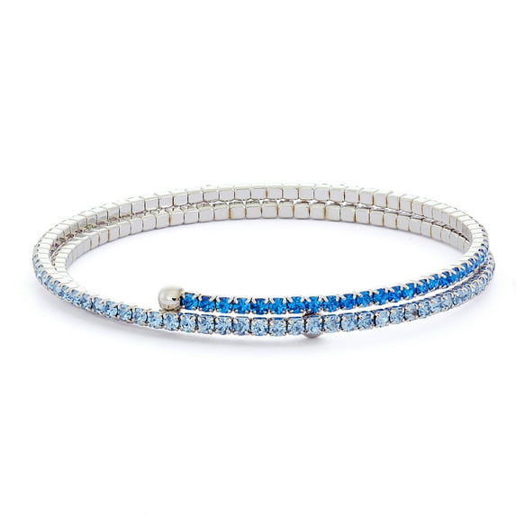X & O Women's Double Row Silver Plated Flex Bangle with Sapphire and Aurora Crystals